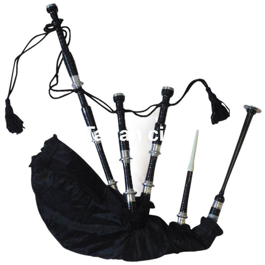 New Scottish Bagpipe Black Silver Mount Velvet Bag Cord F Size Free Carrying Bag