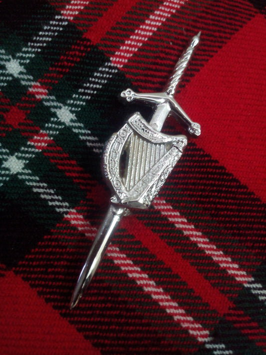 New Scottish Kilt Pin Celtic Irish Harp Chrome Finish/scottish Highland kilt pin