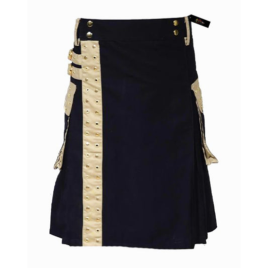 Men’s Black Utility Kilt with Gold Studded Accents – Statement Style with Function
