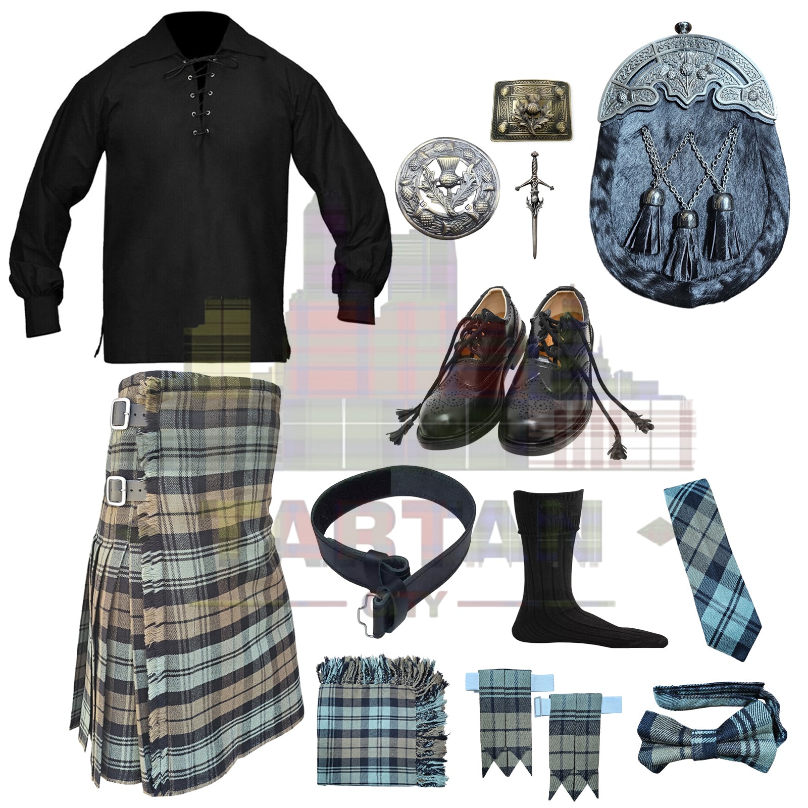 Black Watch tartan kilt outfit set for men with matching Highland dress gear