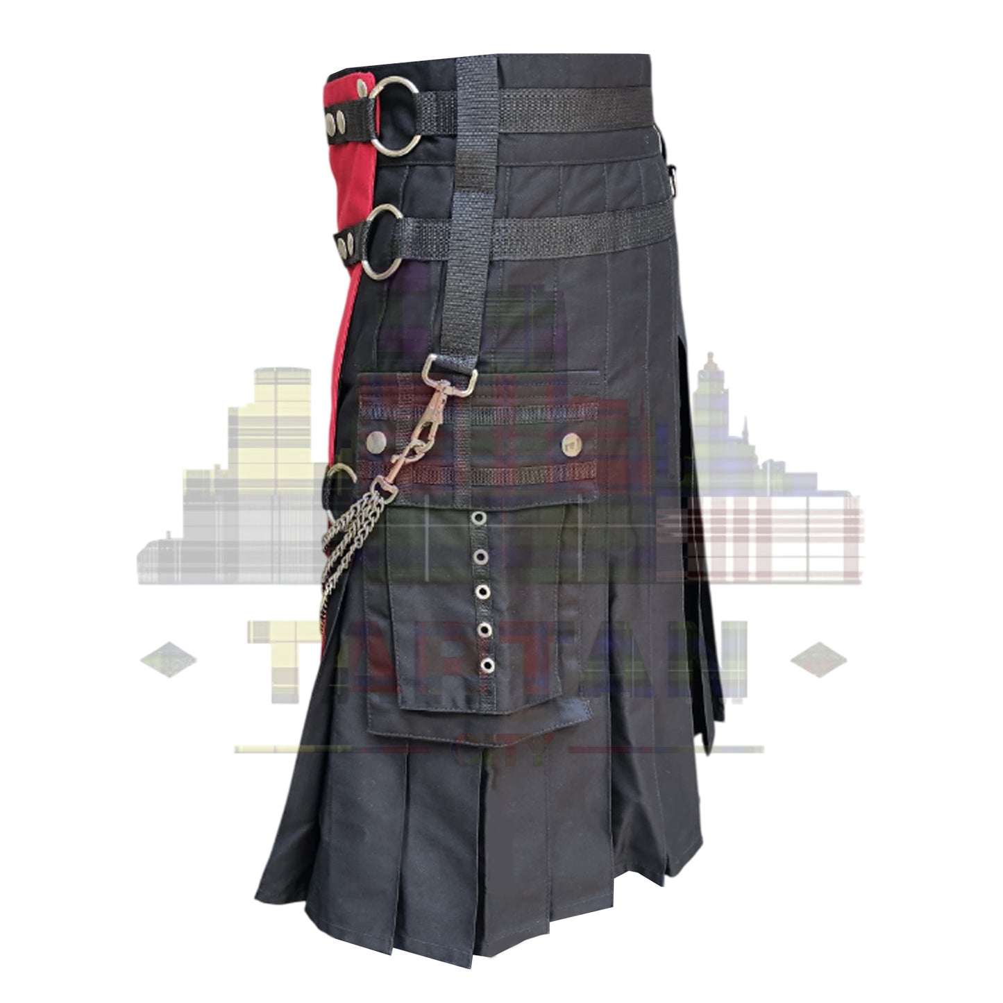 Black hybrid utility kilt with red tartan pleats and cargo pockets for men – modern Scottish design