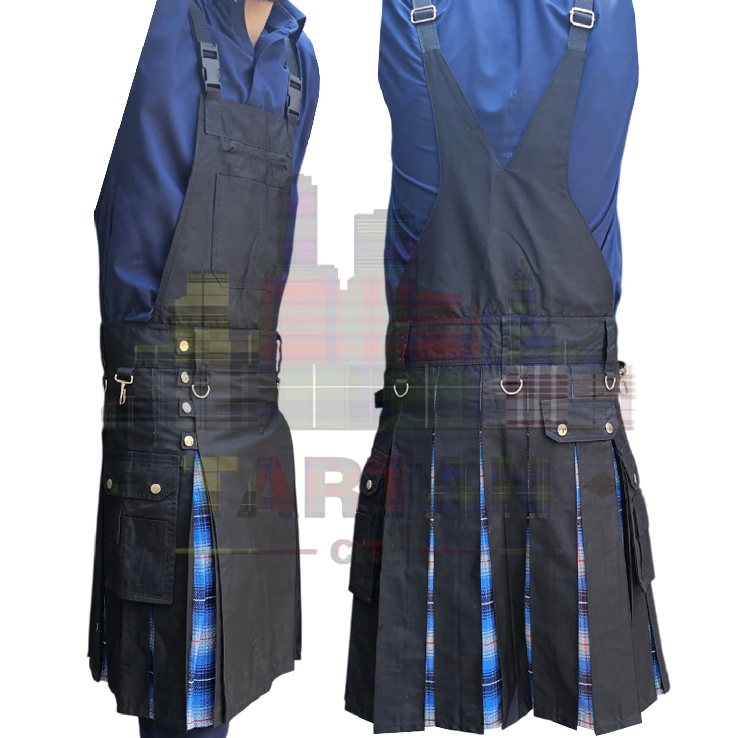 Blue tartan utility overkilt with cargo pockets and strap detailing for men.