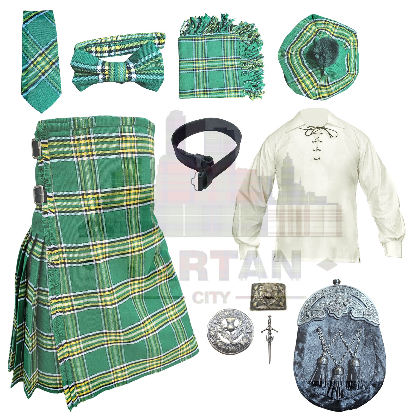 Traditional Highland dress set in Irish green tartan with kilt and Jacobite shirt