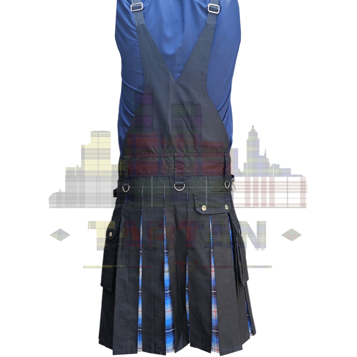 Men's hybrid overkilt featuring blue tartan panels and black utility design.