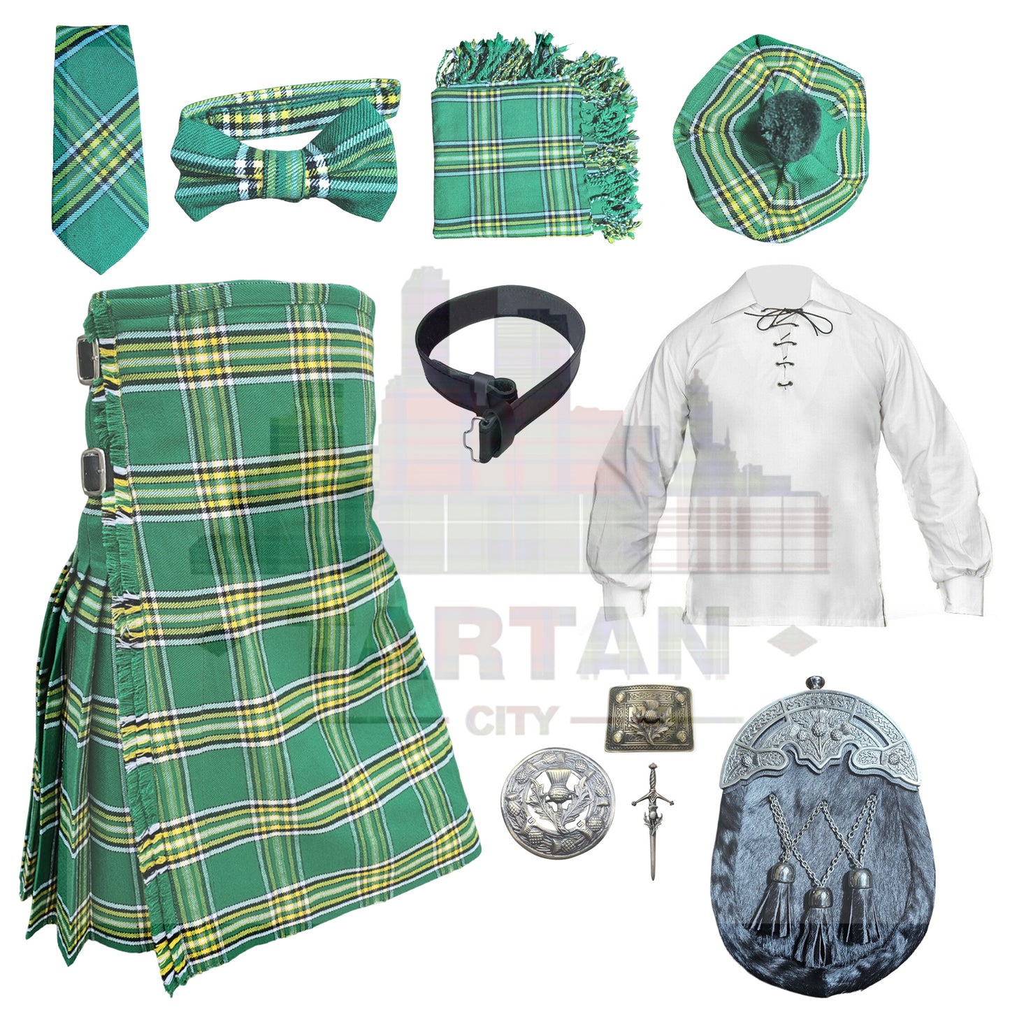 Irish green full Scottish costume with kilt, sporran, flashes, and fly plaid