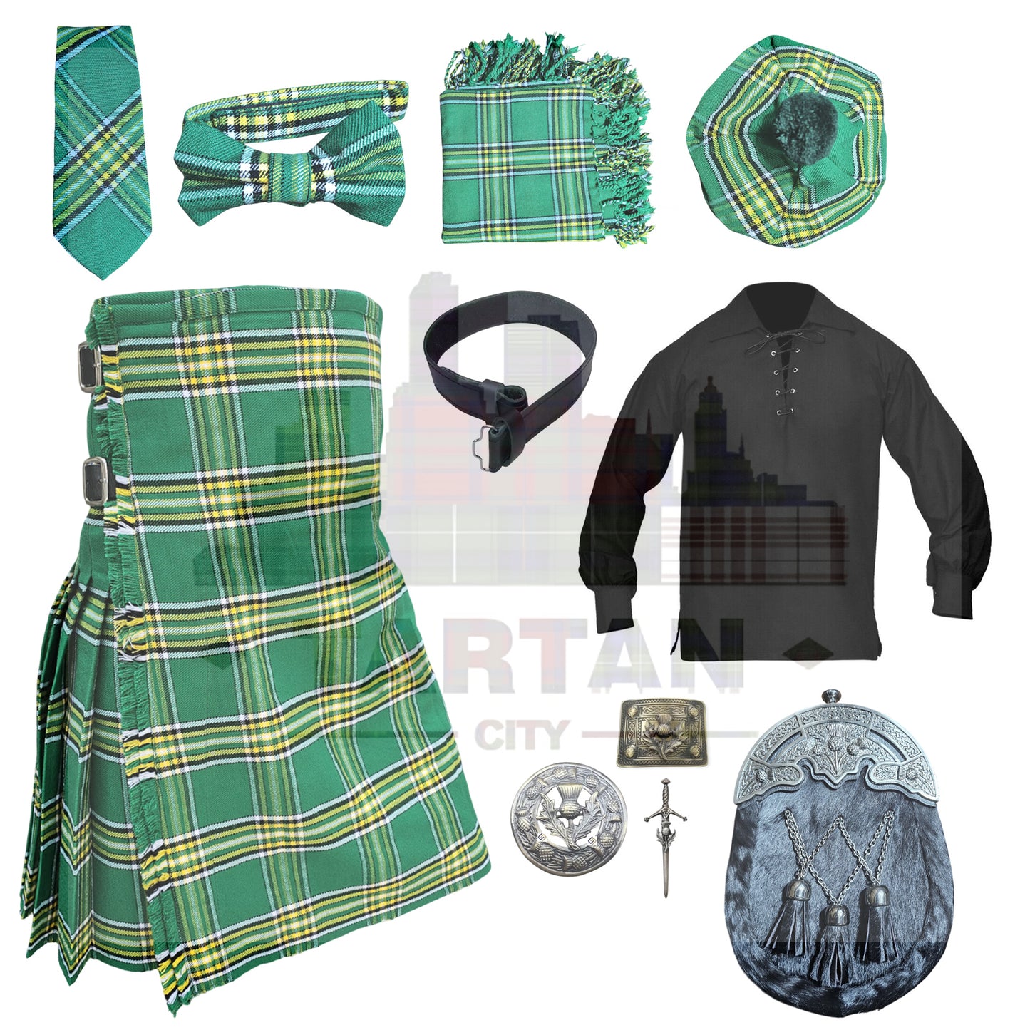 Men’s Irish green tartan kilt outfit set with traditional Highland accessories