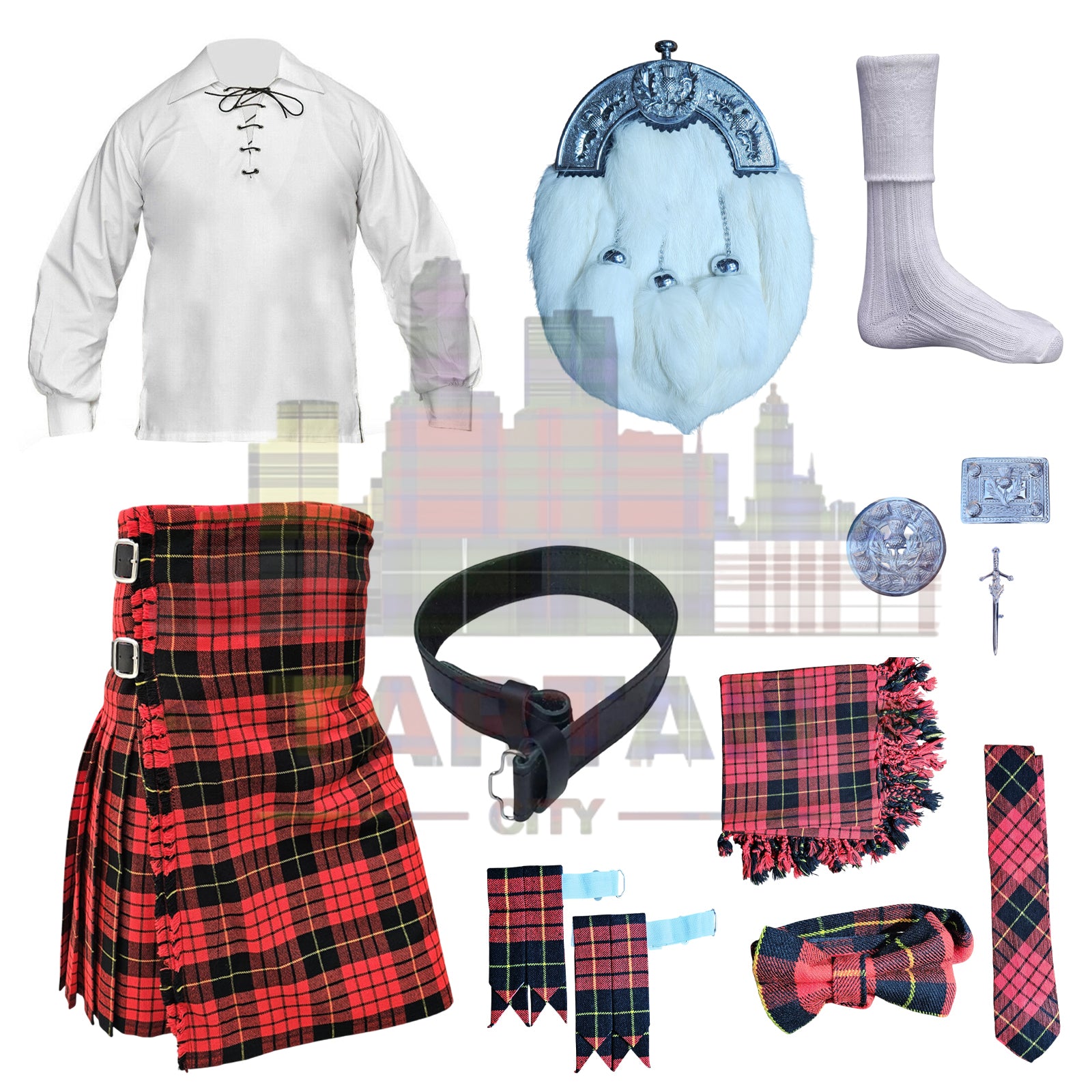 Modern McQueen tartan Scottish kilt set for men with all dress accessories