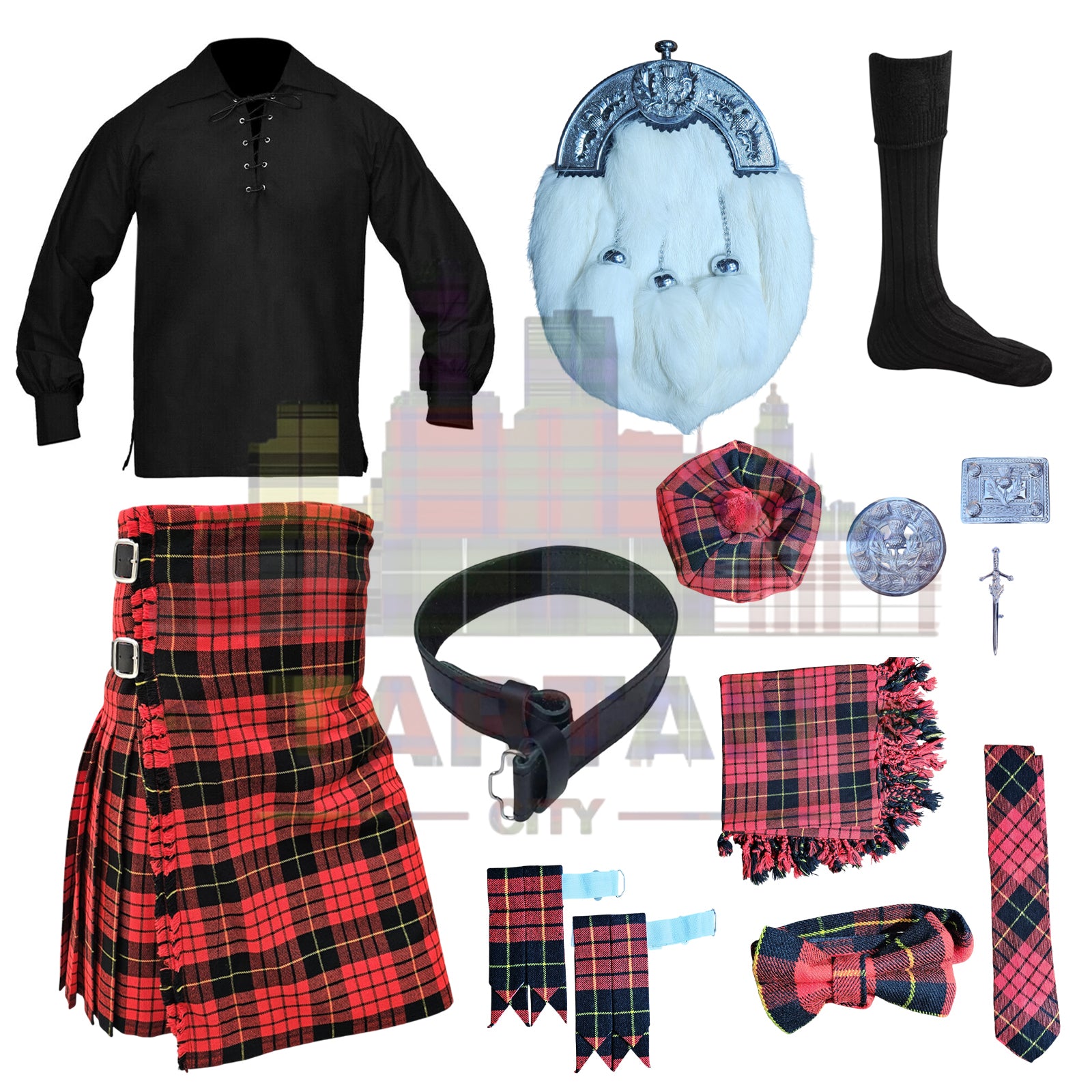 Men’s Scottish outfit in modern McQueen tartan including kilt, brooch, and more
