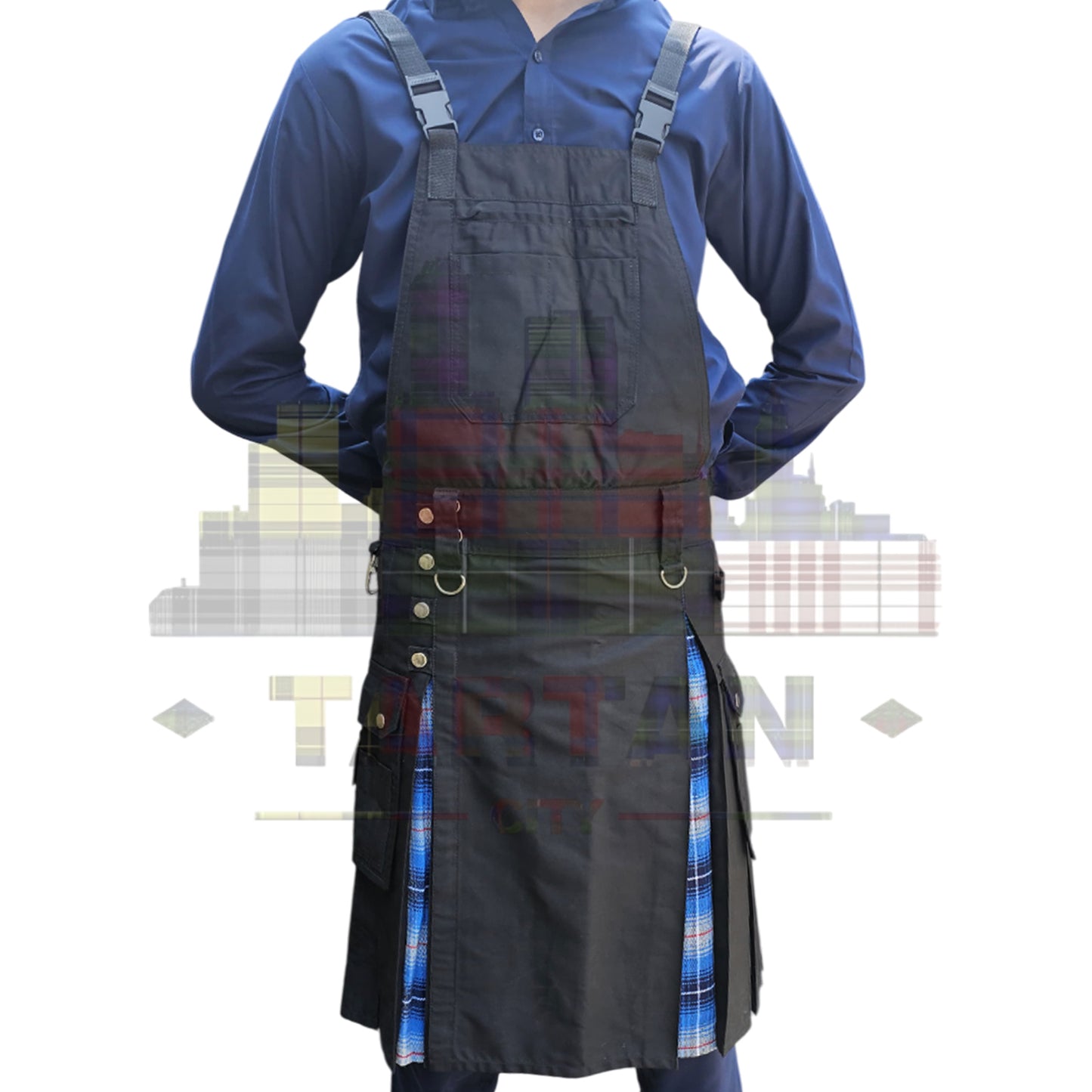 Stylish hybrid kilt for men with tartan pleats and modern utility elements.