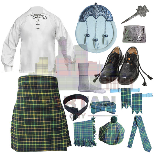 Complete US Army Scottish kilt dress outfit with belt, shirt, and socks