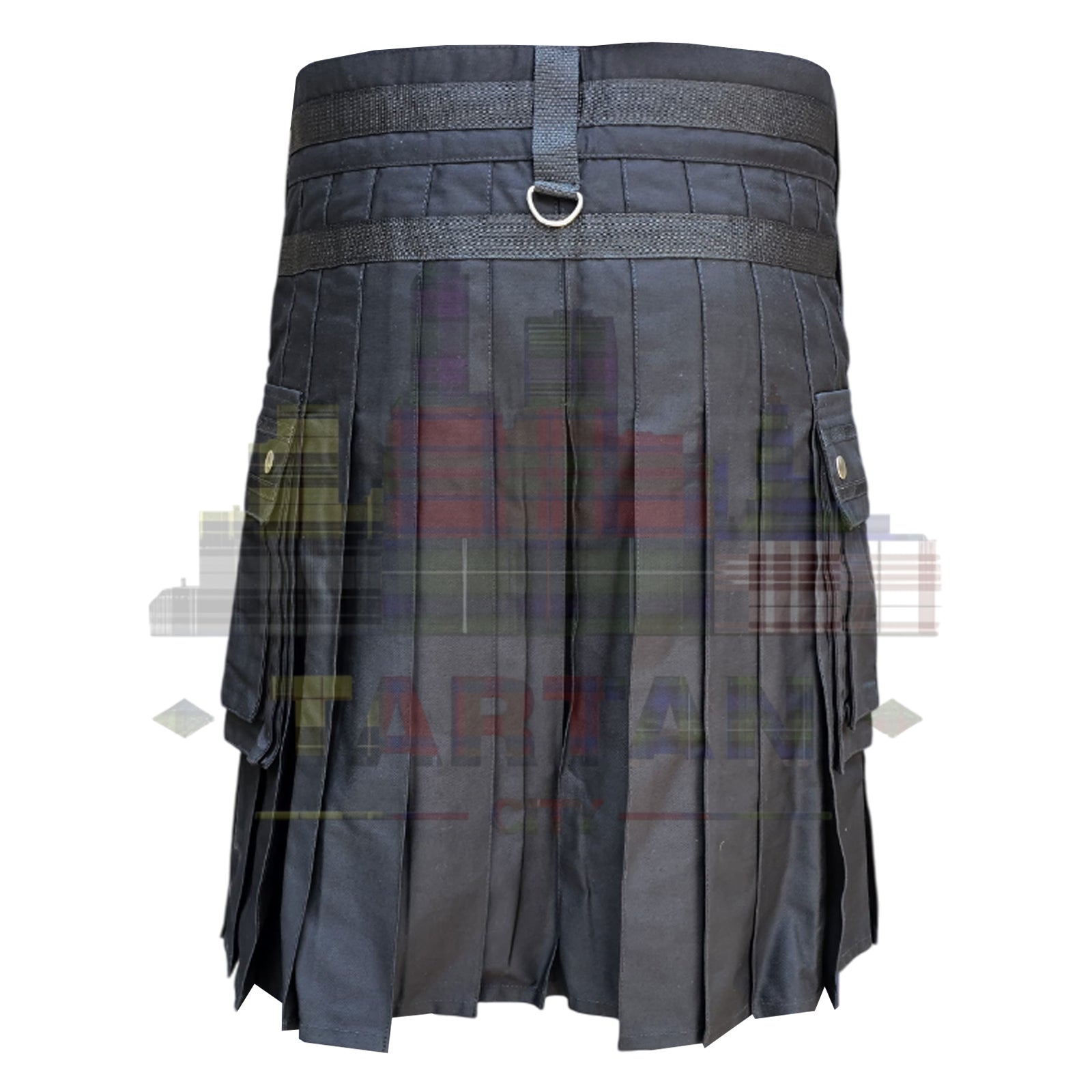 Men's red and black utility kilt with chains, D rings, and cargo pockets – stylish and functional design