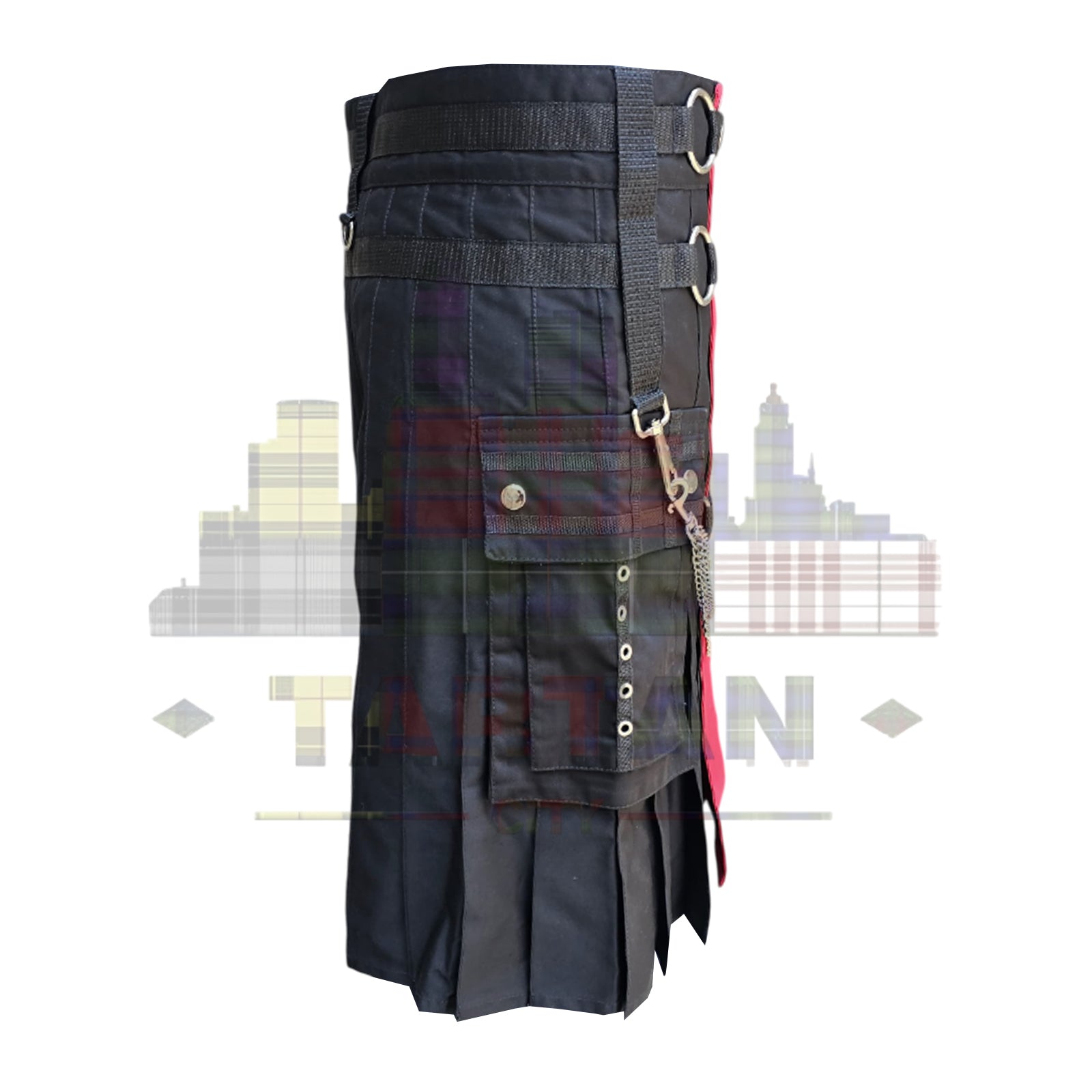 Men's red utility kilt with white apron and red tartan pleats – highland style modern utility wear