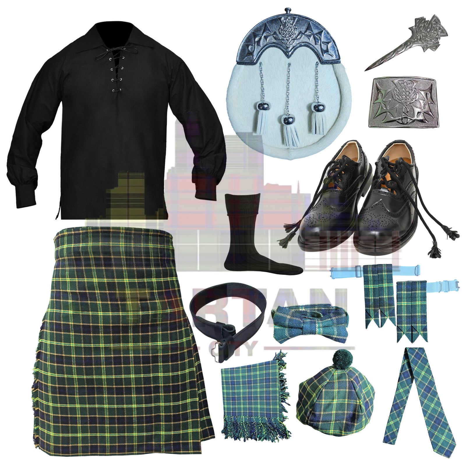 US Army inspired Scottish kilt costume set with all standard accessories