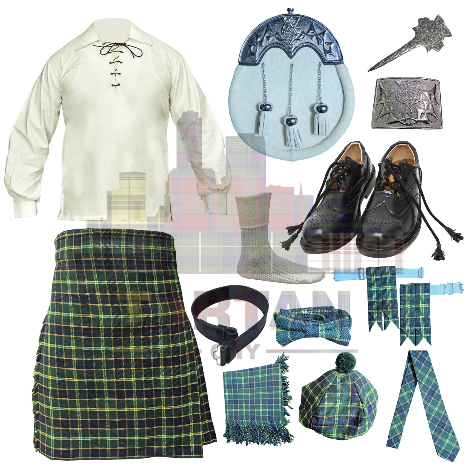 US Army themed Scottish kilt set for men with military-style Highland wear